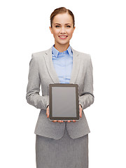 Image showing businesswoman with blank black tablet pc screen