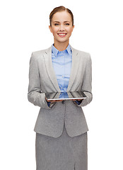 Image showing young businesswoman with blank tablet pc screen