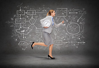 Image showing smiling young businesswoman with clock running