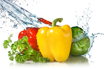 Image showing red, yellow, green pepper and parsley with water splash isolated