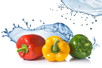 Image showing red, yellow, green pepper with water splash isolated on white
