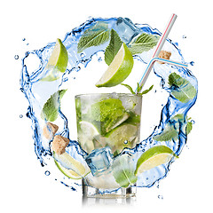 Image showing mohito - water splash with mint, lime and sugar isolated on whit