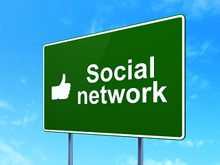 Image showing Social network concept: Social Network and Thumb Up on road sign background