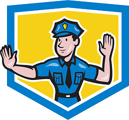 Image showing Traffic Policeman Stop Hand Signal Shield Cartoon