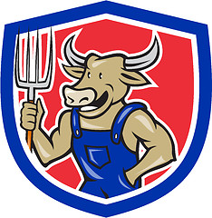 Image showing Farmer Cow Holding Pitchfork Shield Cartoon