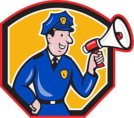 Image showing Policeman Shouting Bullhorn Shield Cartoon