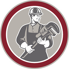 Image showing Plumber Holding Giant Wrench Woodcut Circle