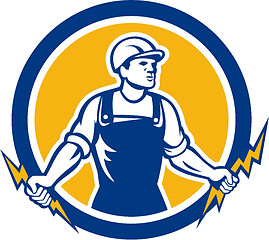 Image showing Electrician Holding Two Lightning Bolts Side Retro