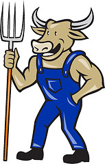Image showing Farmer Cow Holding Pitchfork Cartoon