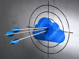 Image showing Cloud technology concept: arrows in Cloud target on wall background