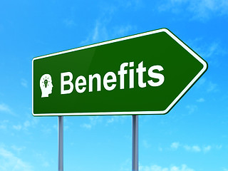 Image showing Business concept: Benefits and Head With Light Bulb on road sign background