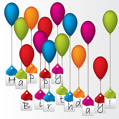 Image showing Happy birthday labels hanging on color balloons