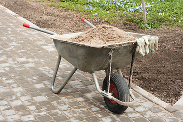 Image showing Wheelbarrow full of sand