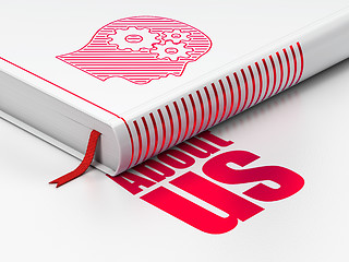Image showing Advertising concept: book Head With Gears, About Us on white background
