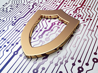 Image showing Safety concept: Golden Contoured Shield on Circuit Board background