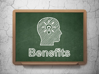 Image showing Finance concept: Head With Light Bulb and Benefits on chalkboard background