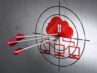 Image showing Safety concept: arrows in Cloud Network target on wall background