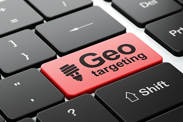 Image showing Business concept: Energy Saving Lamp and Geo Targeting on computer keyboard background
