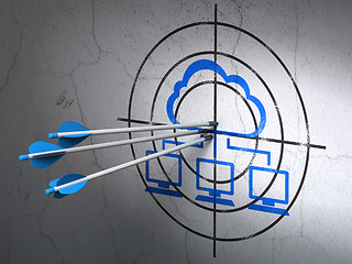 Image showing Cloud networking concept: arrows in Cloud Network target on wall background