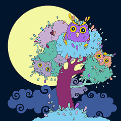 Image showing Owls in tree. Funny cartoon illustration.