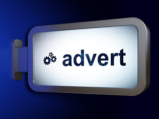 Image showing Advertising concept: Advert and Gears on billboard background