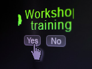 Image showing Education concept: Head With Keyhole icon and Workshop Training on digital computer screen