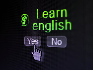 Image showing Education concept: Head With Gears icon and Learn English on digital computer screen