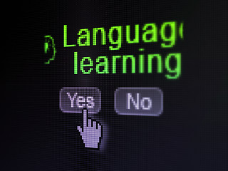 Image showing Education concept: Head With Lightbulb icon and Language Learning on digital computer screen