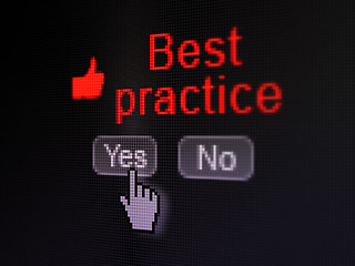 Image showing Education concept: Thumb Up icon and Best Practice on digital computer screen