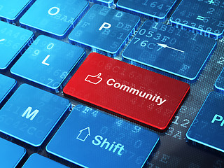 Image showing Social network concept: Thumb Up and Community on computer keyboard background