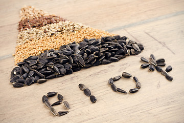 Image showing Cereal Grains and Seeds : Rye, Wheat, Barley, Oat, Sunflower, Flax