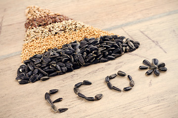 Image showing Cereal Grains and Seeds : Rye, Wheat, Barley, Oat, Sunflower, Flax