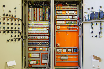 Image showing Electricity distribution box with wires and circuit breakers (fuse box) 