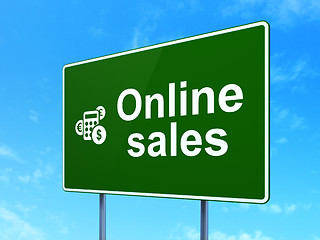 Image showing Advertising concept: Online Sales and Calculator on road sign background