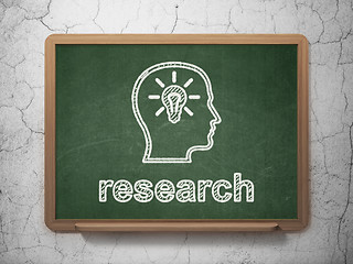Image showing Marketing concept: Head With Lightbulb and Research on chalkboard background
