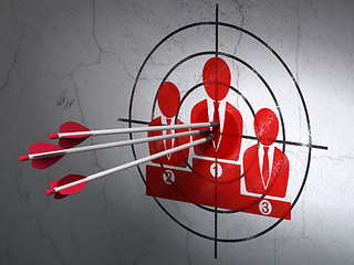 Image showing Marketing concept: arrows in Business Team target on wall background
