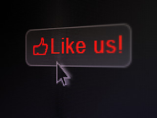 Image showing Social media concept: Like us! and Thumb Up on digital button background