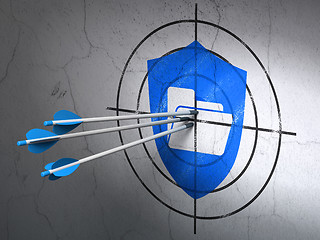 Image showing Business concept: arrows in Folder With Shield target on wall background