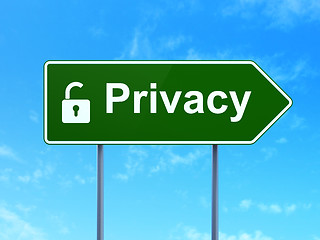 Image showing Protection concept: Privacy and Opened Padlock on road sign background