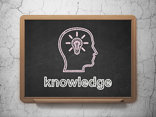 Image showing Education concept: Head With Lightbulb and Knowledge on chalkboard background