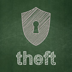 Image showing Safety concept: Shield With Keyhole and Theft on chalkboard background