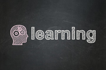 Image showing Education concept: Head With Gears and Learning on chalkboard background