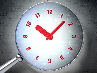 Image showing Timeline concept: Clock with optical glass on digital background