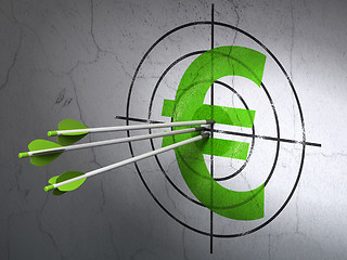 Image showing Currency concept: arrows in Euro target on wall background