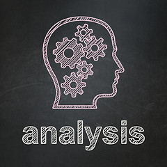 Image showing Advertising concept: Head With Gears and Analysis on chalkboard background