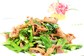 Image showing Chinese Food: Fried leek with mushroom