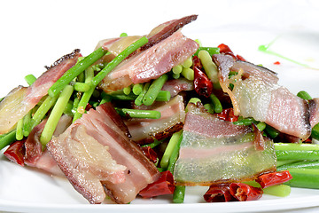 Image showing Chinese Food: Fried bacon with vegetable