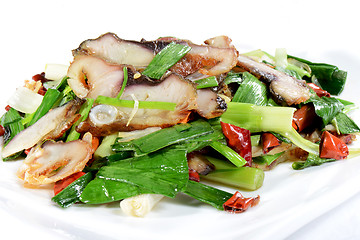 Image showing Chinese Food: Fried fish slices with leek