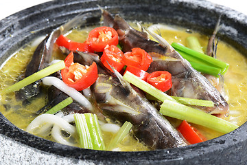 Image showing Chinese Food: Boiled fish in a stone pot