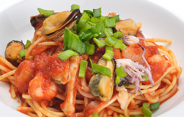 Image showing Pasta with shrimps, herbs and mashrooms